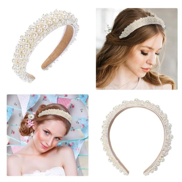 Pearl Headbands for Women White Bling Bridal Headband Faux Pearl Rhinestones main image 5